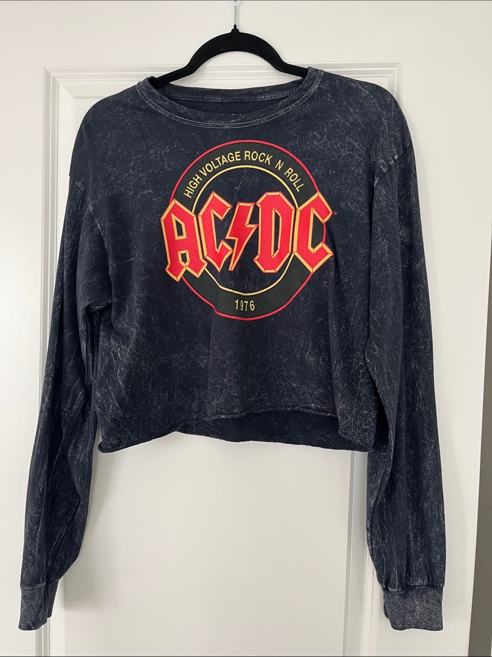 AC/DC Black Kids' Long-Sleeve Graphic Crop Top with Red and Yellow Logo